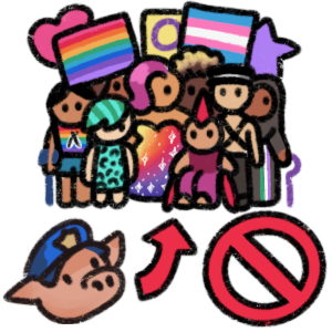 an arrow and a crossed out circle pointing from pig in a stereotypical police hat to a crowd of people in a pride march. The crowd of people are from many different demographics, and hold signs and balloons.